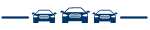 Three blue cars lined up in a row, serving as decorative dividers.