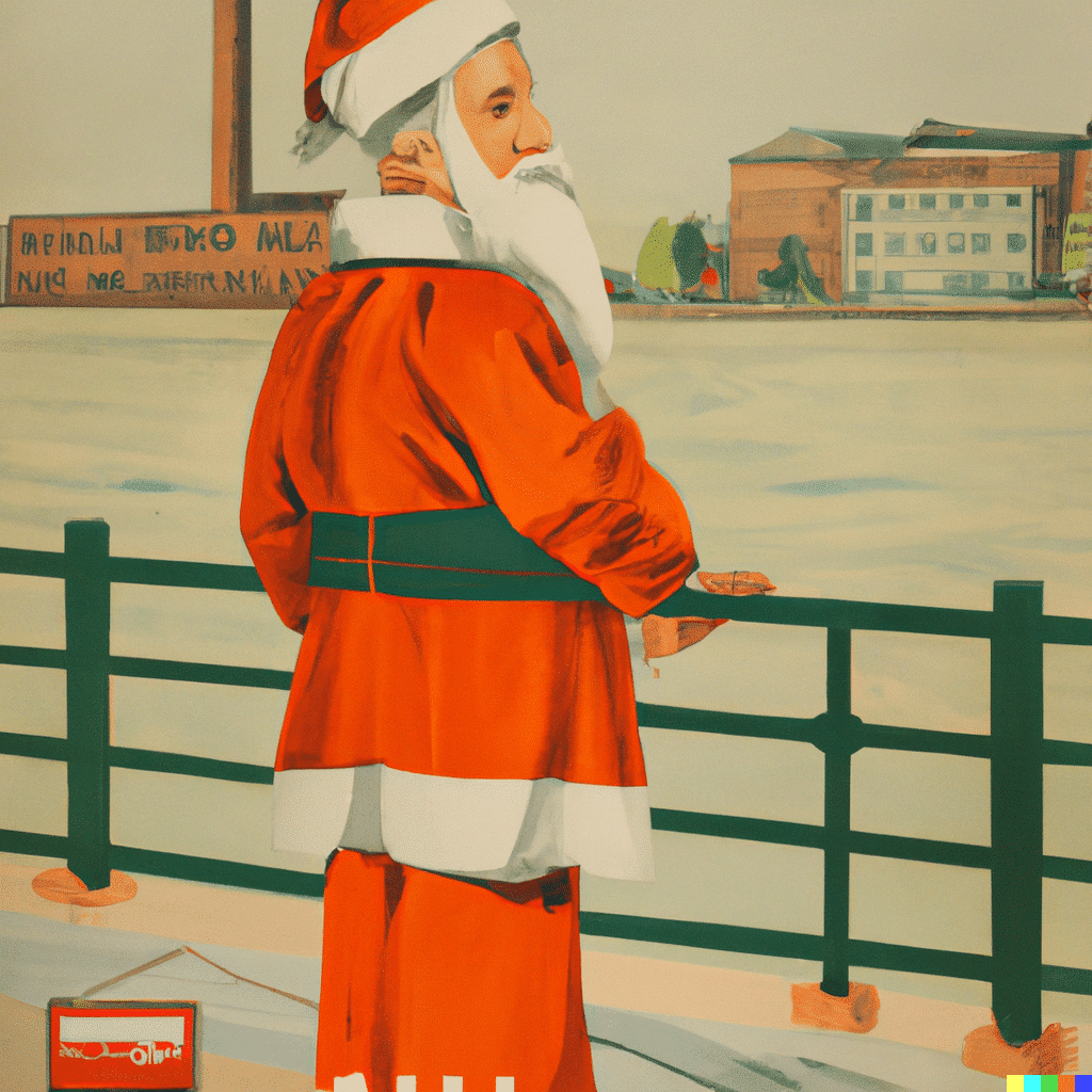 A Santa Claus spreading holiday cheer at the Baltimore Christmas Experience, standing on a railing near the Harbor Park Garage parking spot.