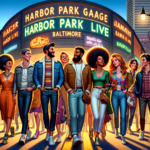 In January 2024, a group of people gathers in front of Harbor Park Live, a building that showcases Inner Harbor Concerts and Baltimore Beats.