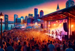 A vibrant concert scene at the Inner Harbor featuring a Latin band performing on stage, with people dancing, colorful lights illuminating the area.