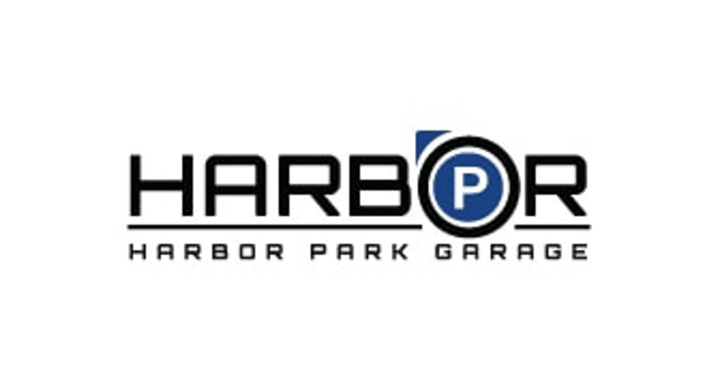 Logo of Harbor Park Garage with the letter "O" replaced by a blue and white "P" parking sign symbol.