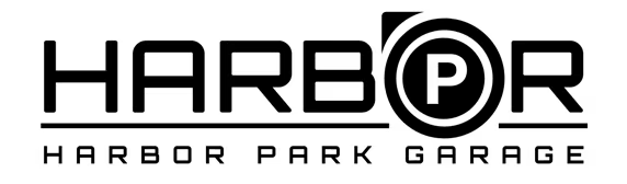 Logo of Harbor Park Garage all black with the letter "O" replaced by a black "P" parking sign symbol.